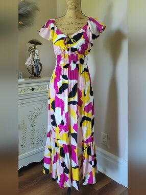 Nine West Pink, Yellow & Black Abstract Maxi Dress